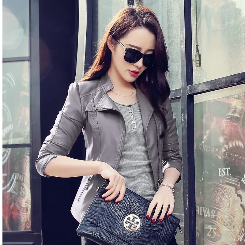 

2020 Silm Women Jacket Spring and Autumn Black Faux Leather Jackets Zipper Basic Coat Turn-down Collar Biker Jacket
