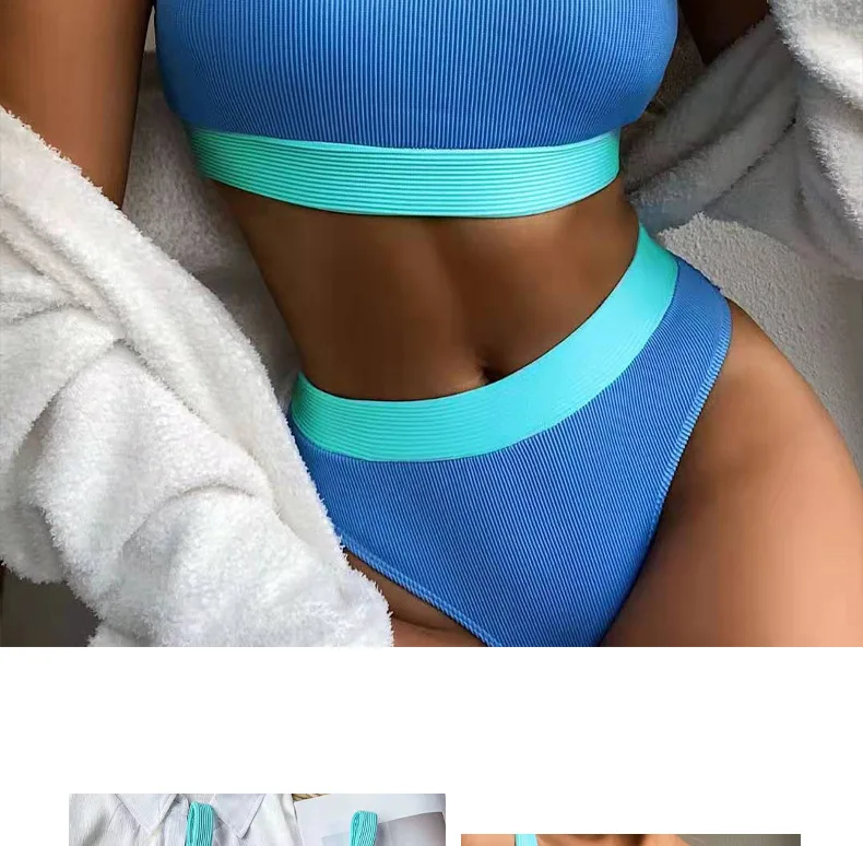 

Swimsuit 2021 New Solid Color Sexy Knitted High Waist Split Bikini Ladies Beach Swimsuit
