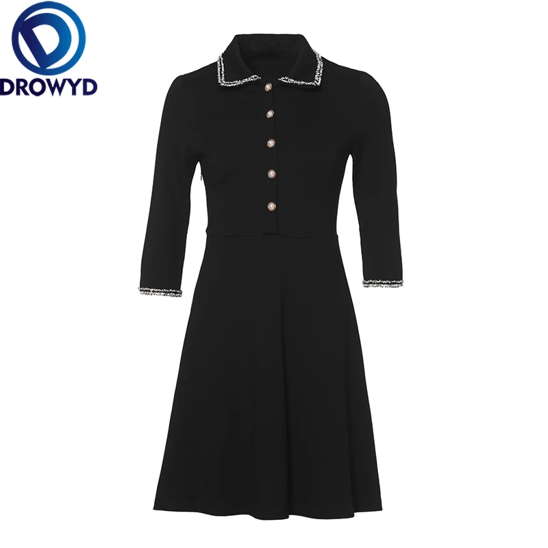 Женское однобортное платье мини DROWYD черное повседневное в стиле бохо 2019|Женские