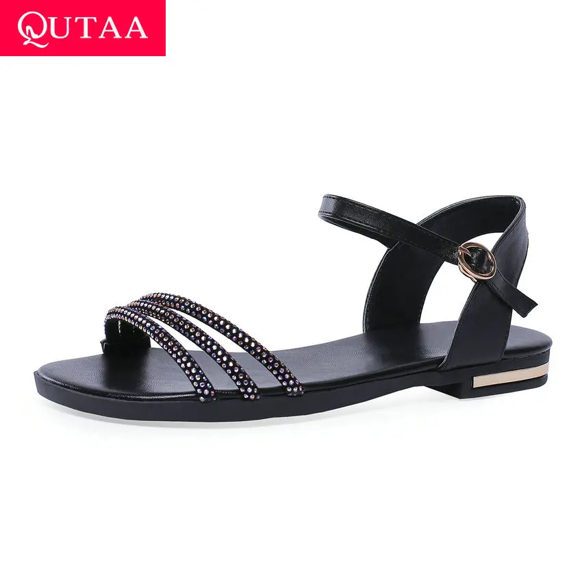 Женские босоножки на низком квадратном каблуке QUTAA черные из бычьей кожи с