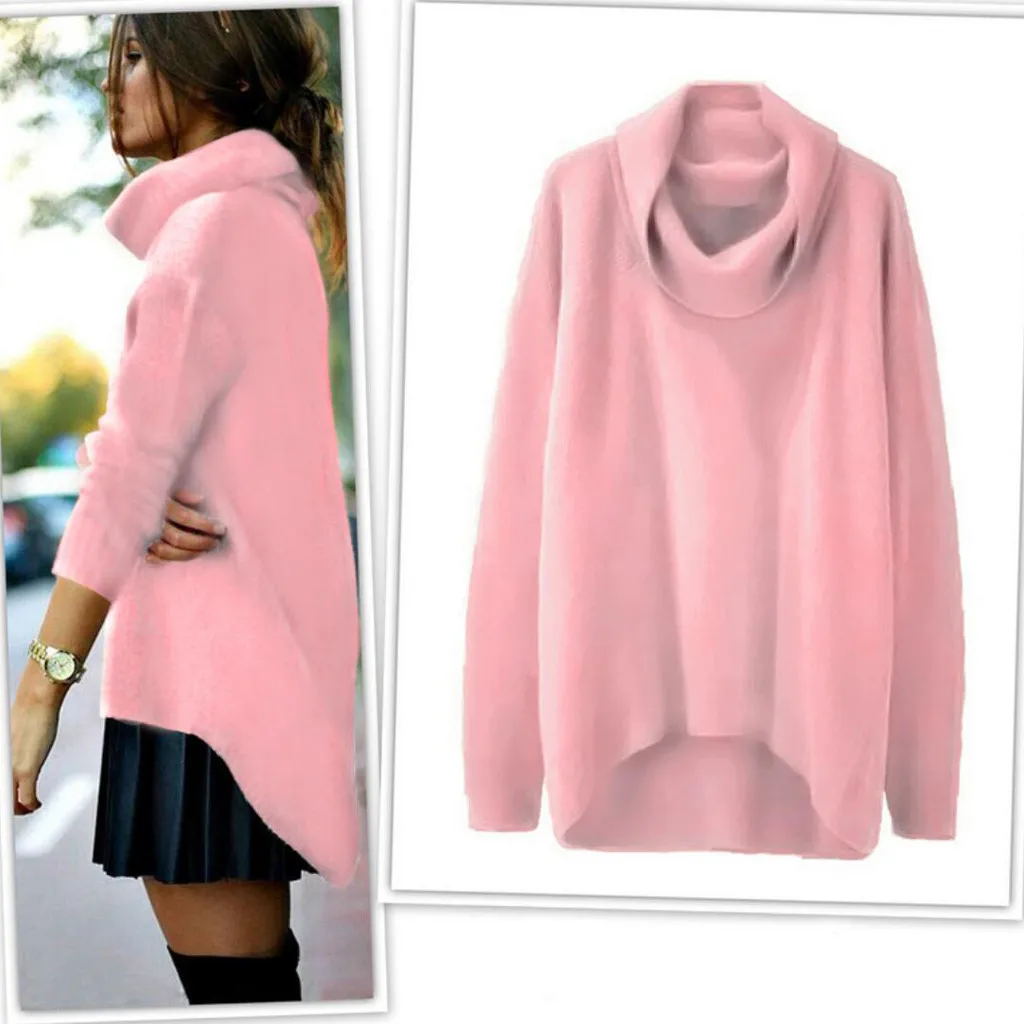 Модный женский свитер однотонный высокий воротник асимметричный подол длинный