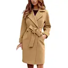 Женский длинный кардиган на шнуровке, элегантный однотонный шерстяной жакет с отложным воротником и длинными рукавами, Осень-зима