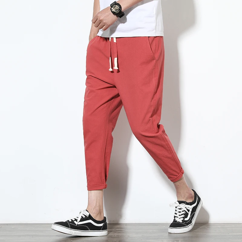 

Cotton Linen Summer Pop Casual Pants Men Slim Thin Ankle Length Pants Men Large Size Loose Fashion Pants