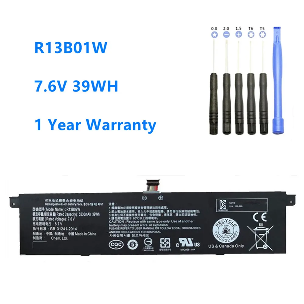 

Аккумулятор R13B01W R13B02W для ноутбука Xiaomi Mi Air, аккумулятор 13,3 дюйма для планшетного ПК, R13B01W 7,6 В, 39 Вт/ч