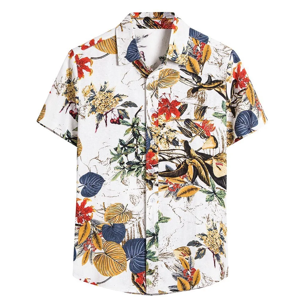 

Hawaiian Shirts Mens Printed Turn Down Collar Short Sleeve Casual Shirts Men Button Streetwear Beach Shirts Camisa cotton linen