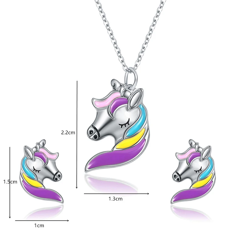 

2021 New Jewelry Unicorn Necklace Colorful Pony Clavicle Chain Earrings Gift Set for Children Jewelry Sets for Women