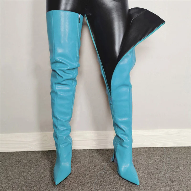 Colorful Pu Leather Women Thigh High Boots Lady Pointed Toe Over The Knee Heels Fashion Zip Slip On Female's Long | Обувь