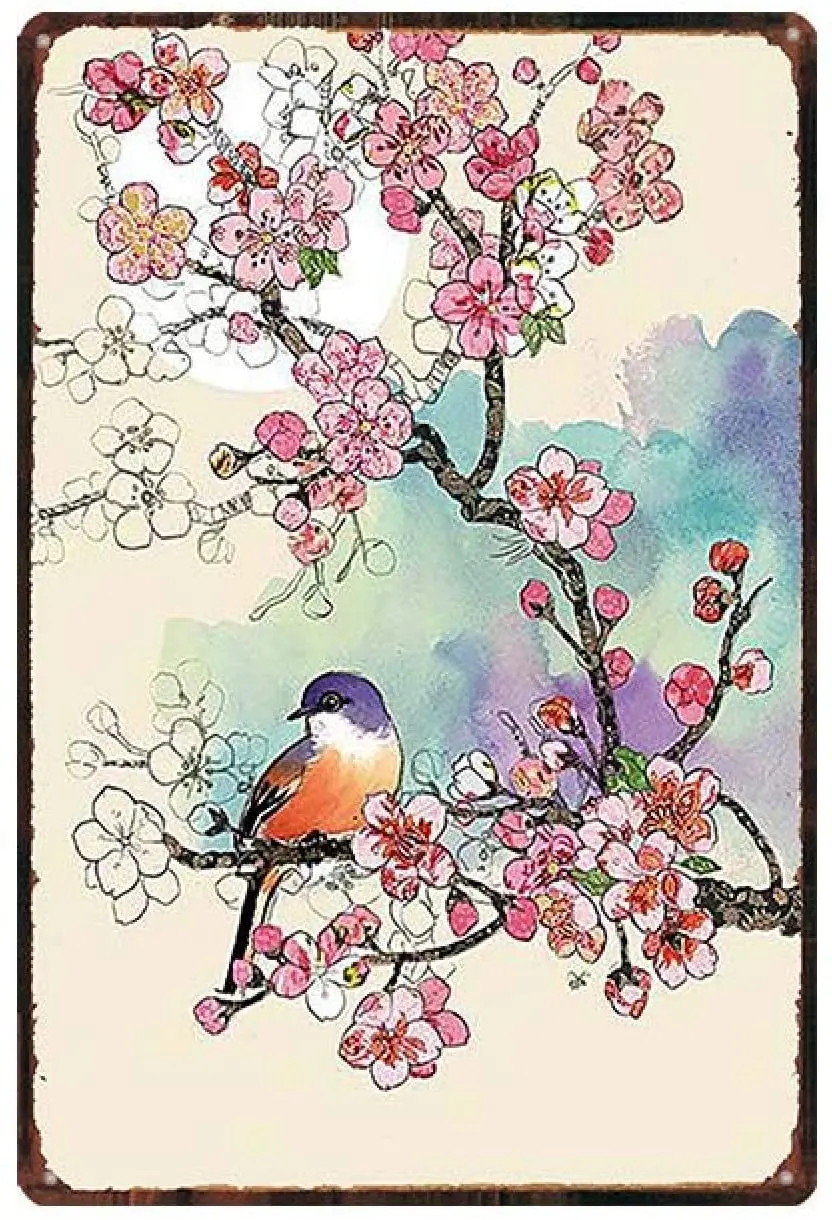 

Watercolor Garden Flower Bird Tin Sign Floral Metal Sign Retro Wall Art Retro Home Decor Iron Painting 20x30cm