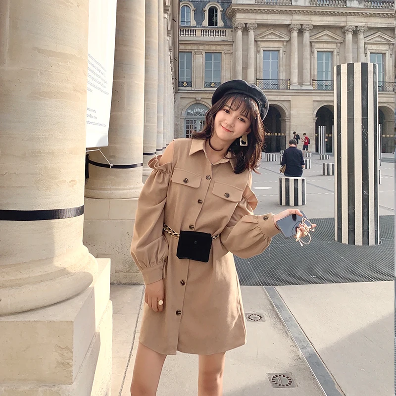 Женское однотонное платье без бретелек с длинным рукавом и отложным