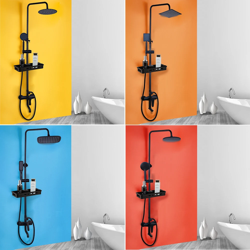 torayvino matte black wall mounted rainfall shower faucet with storage shelf bathroom bathtub shower faucets mixer tap combo set free global shipping