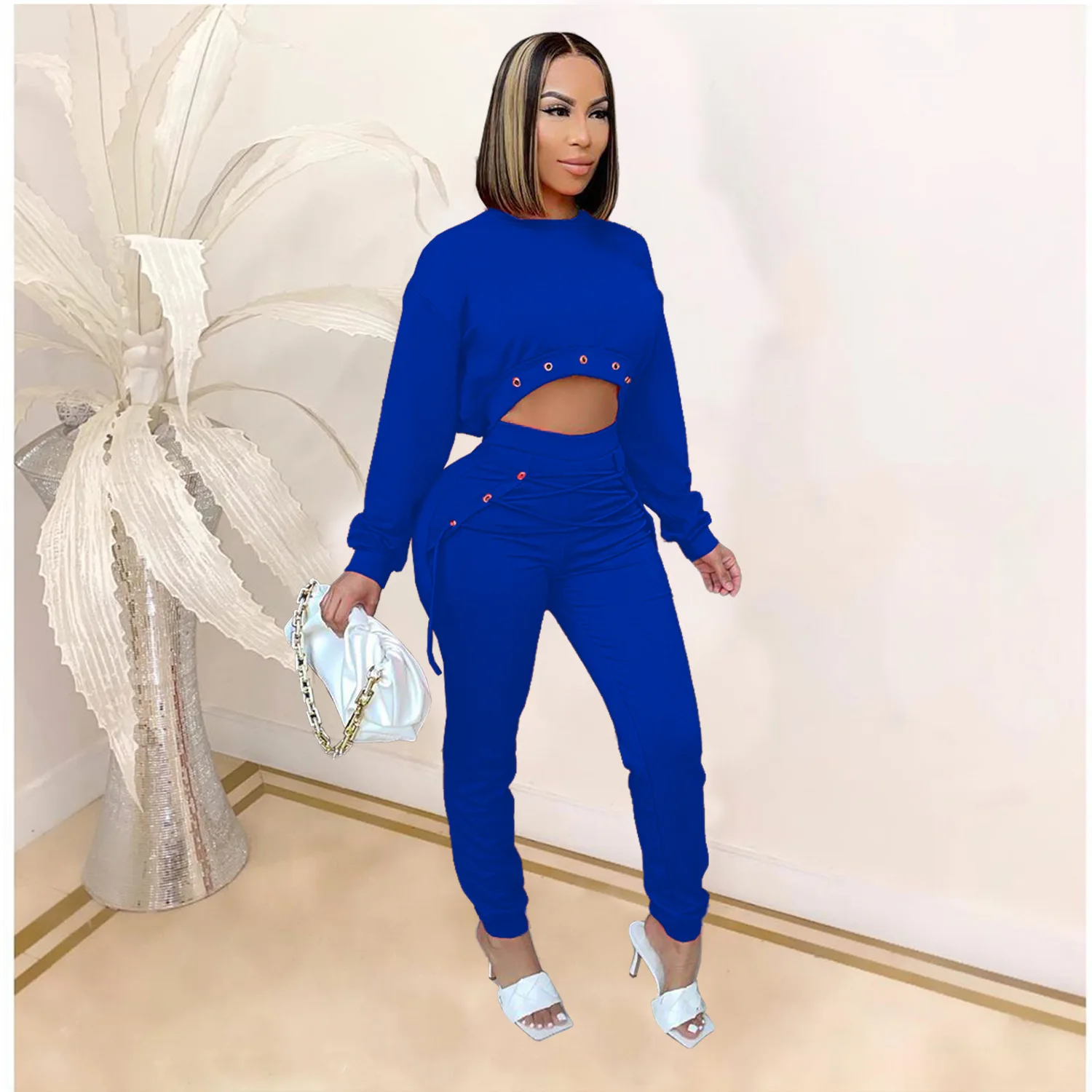 

Casual Women Two Piece Set Solid Color Sportsuit Full Sleeve Crop Top And Long Pants Tracksuit Clothes For Women Outfit