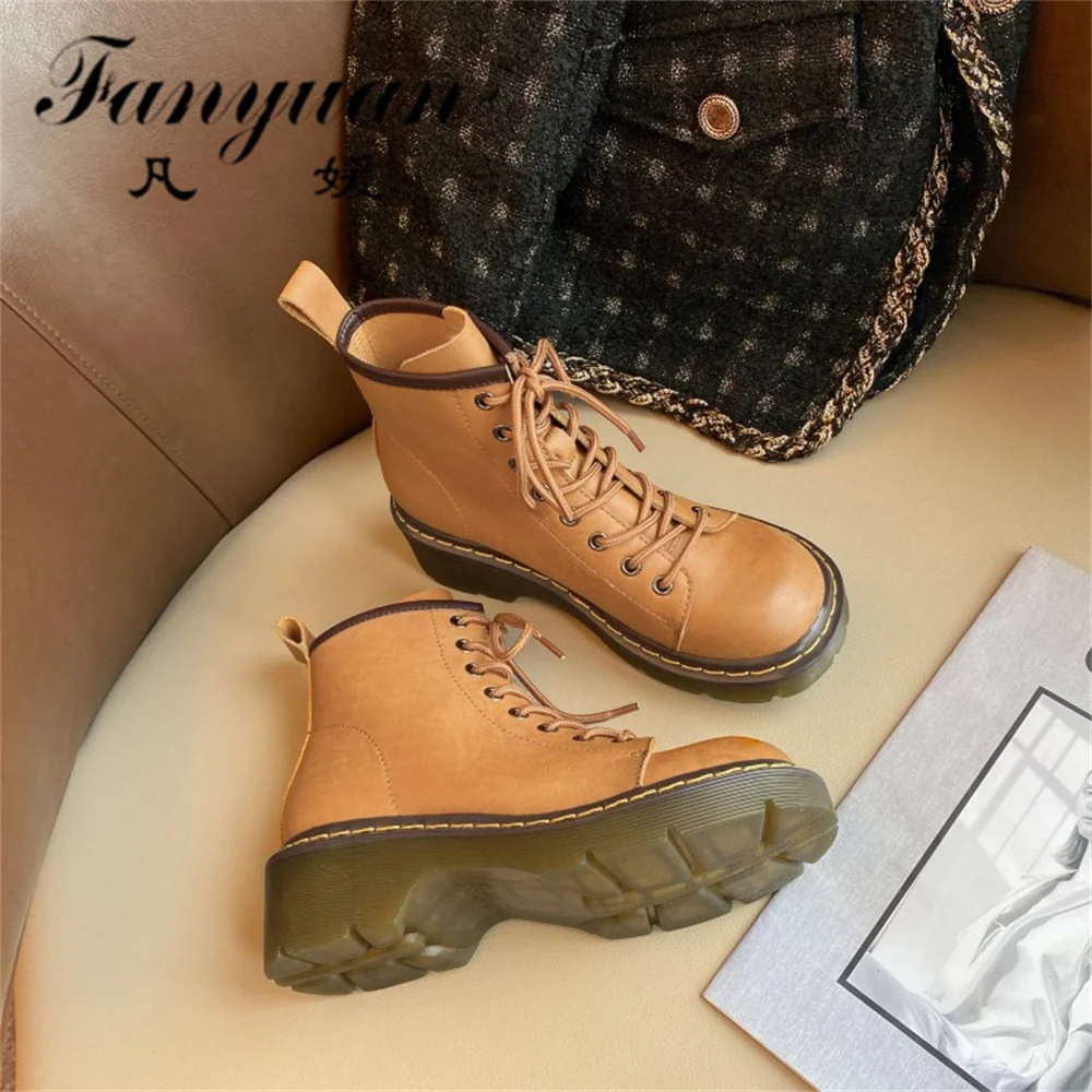 spesifikasi Fanyuan Sepatu Bot Pergelangan Kaki Wanita Santai Netral Sepatu Hak Tebal Kulit Asli Berenda Klasik Mode Terbaru Musim Gugur Musim Dingin