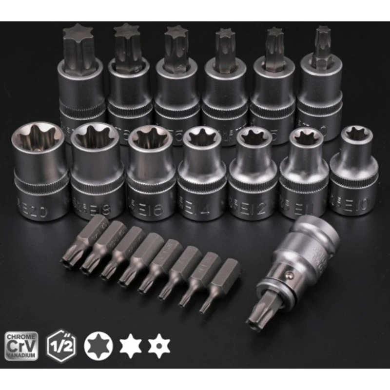 

23Pc Chrome Vanadium Steel Socket Set E Torx Bit Socket Adaptor Head Set for Ratchet Wrench Car Repair Tool