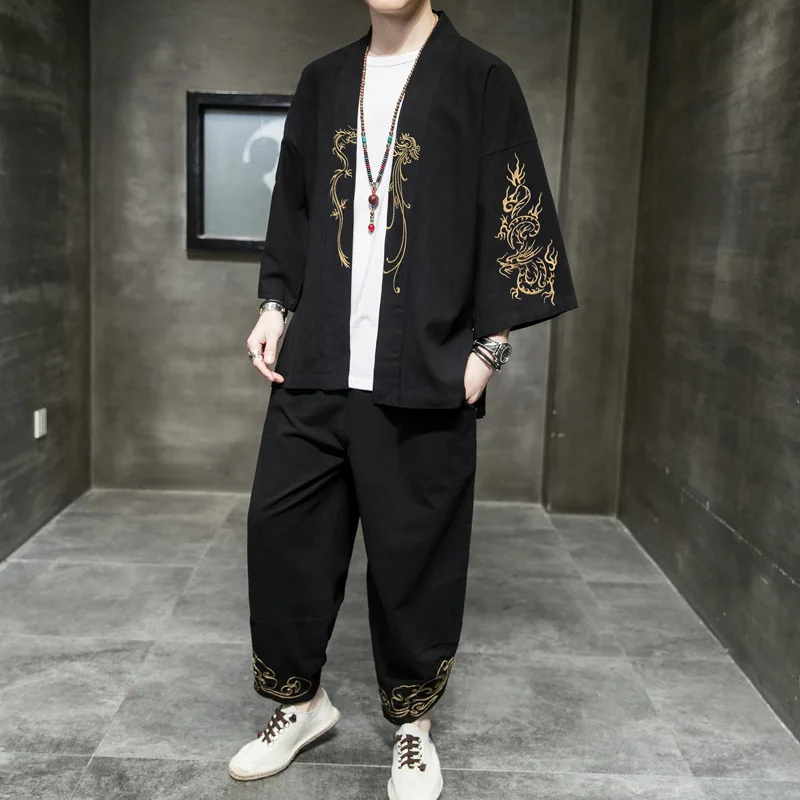 Мужские комплекты оригинальный хлопковый костюм Hanfu летняя вышитая Футболка
