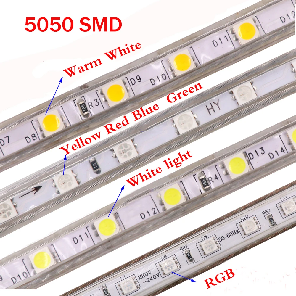 Гибкая светодиодная лента 220 В светильник SMD 5050 водонепроницаемый 60 светодиодов/м
