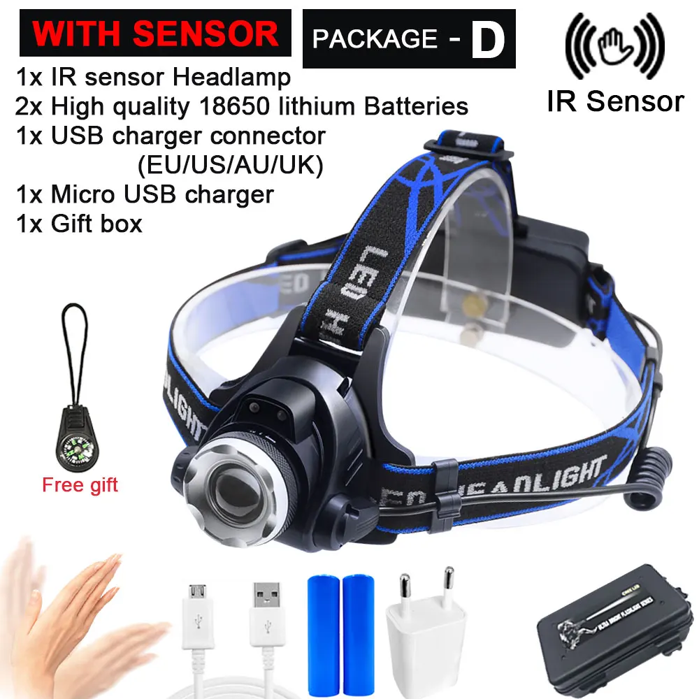 Package D ИК-датчик, головной светильник, USB Перезаряжаемый, V6/L2/T6, индукционный светодиодный налобный фонарь, налобный светильник для рыбалки, налобный фонарь, фонарь, аккумулятор 18650 - Испускаемый цвет: Package D