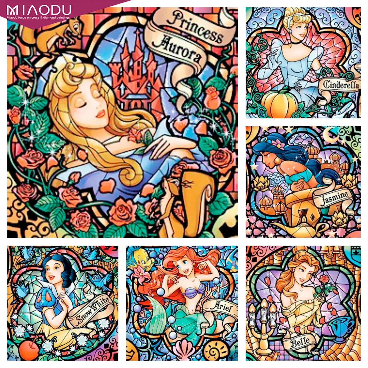 

5D Diamond Painting Disney Stained Glass Princesses Ariel Jasmine Belle Cross Stitch Kits Embroidery Art Mosaic Home Decor Gifts
