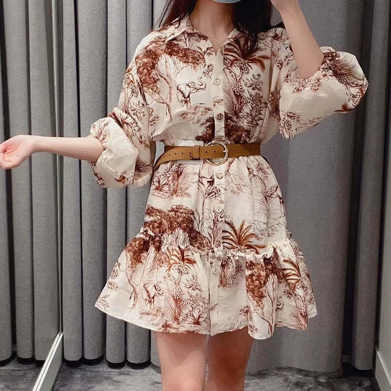 

Винтажное пляжное женское платье, французское Брендовое повседневное мини-платье с принтом, оборками и пышными рукавами для женщин