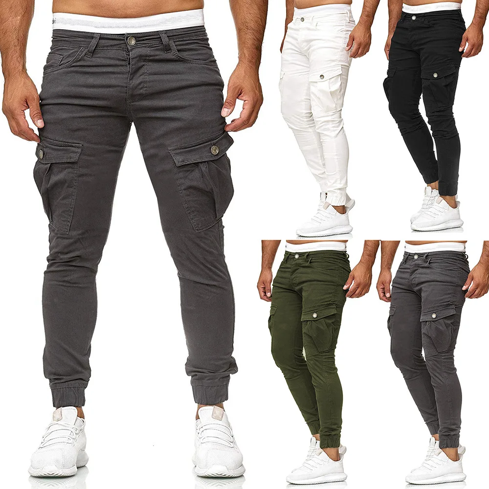 

New Fashion Trend 2021 Men's Fashion Pocket Splicing Solid Color Casual Leggings Cargo Pants Sweatpants Men