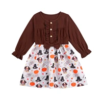 baby thanksgiving long sleeve dress with cartoon pattern bow decoration ruffle buttoned clothing