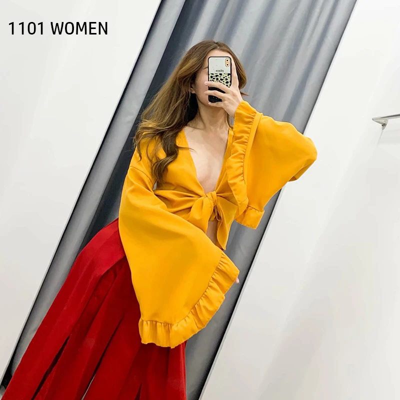 Женский короткий кардиган с расклешенными рукавами ZA повседневный желтый