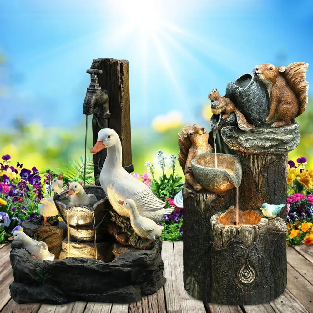 

Садовая статуя с животными, водяной фонтан, Солнечный сад, белка, утка, полимерный декор, домашний сад, крафт Декор