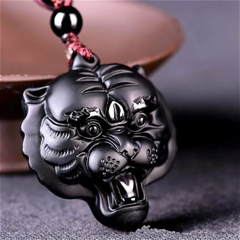 Натуральный черный обсидиан голова тигра кулон бусы ожерелье модное очарование
