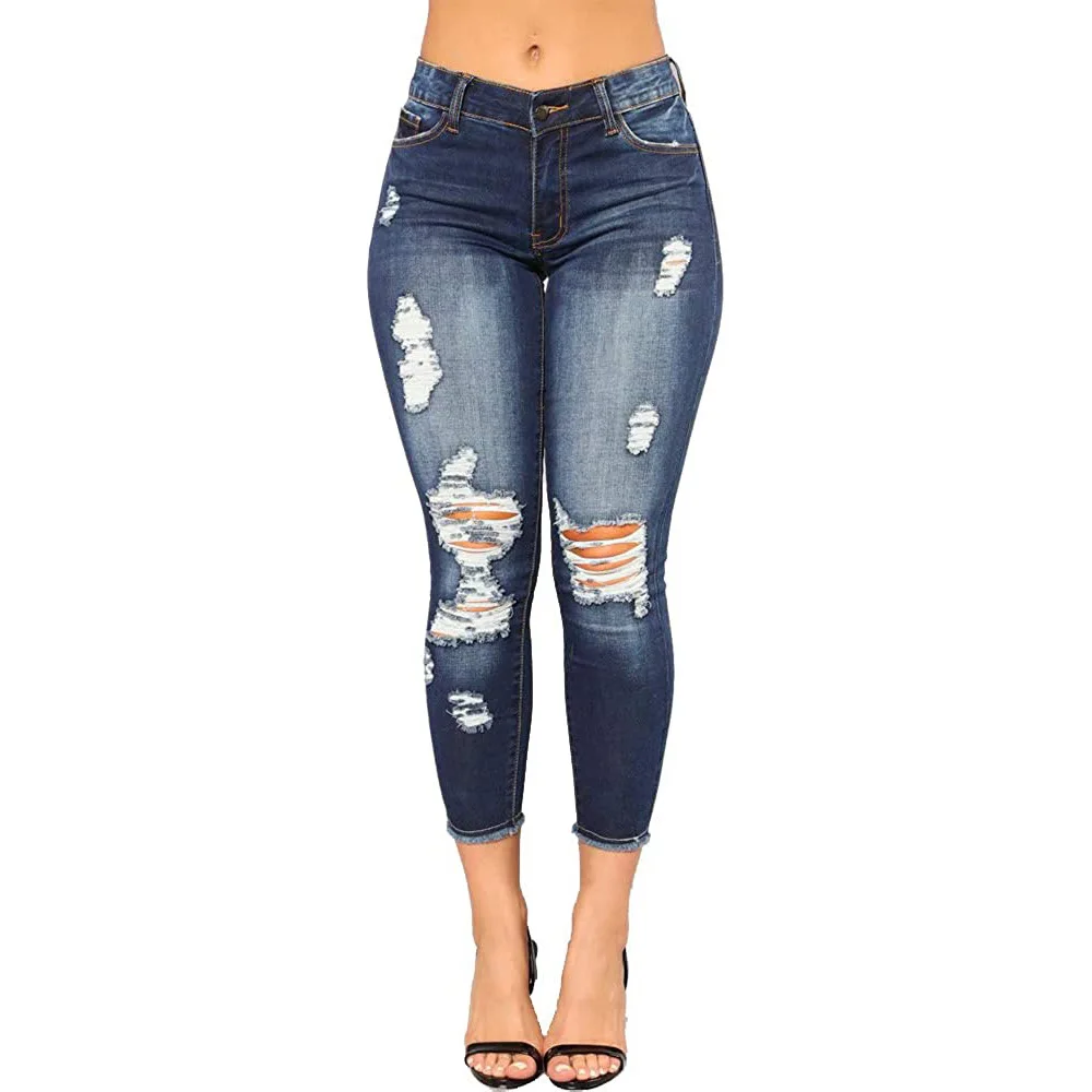 

Синие женские джинсы с дырками, женские эластичные узкие брюки с завышенной талией, уличная одежда, рваные джинсовые брюки, однотонные женские джинсы, джинсовые брюки-карандаш