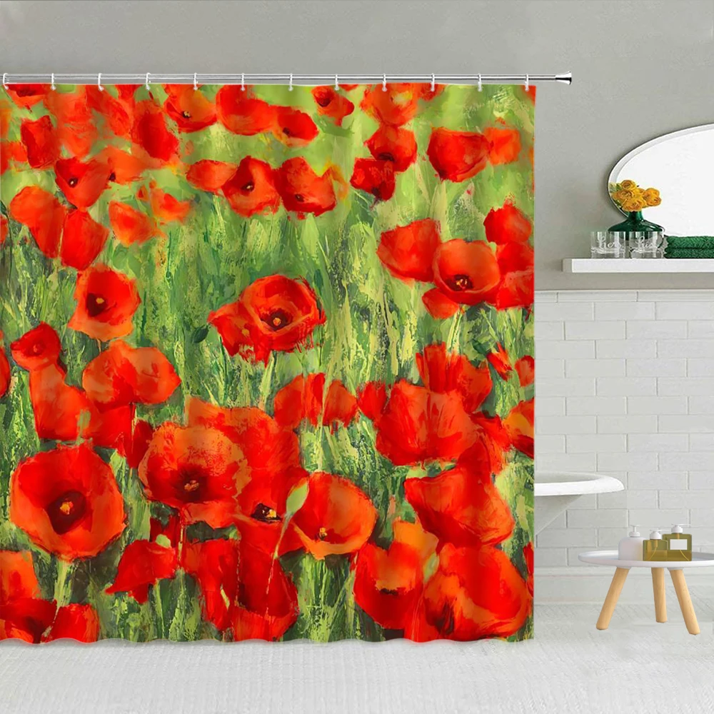 Poppy Flower Green Leaves Oil Painting Shower Curtain Spring Floral Scenery Bathroom Decor Waterproof Fabric Hooks Curtains