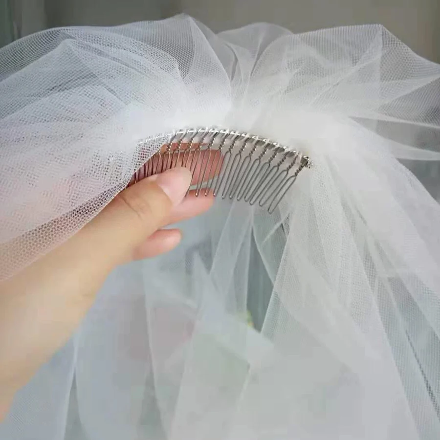 wedding cathedral veils two layers long hard Tulle lvory with ribbon edge bridal face veil Wedding dress accessories comb | Свадьбы и