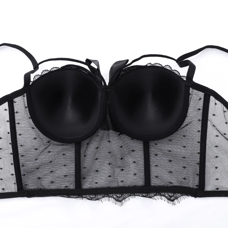 

Женское милое бюстье с бантом и блестками, бюстгальтер, сексуальный прозрачный сетчатый кружевной топ в горошек, майка, жилет, клубный корсе...