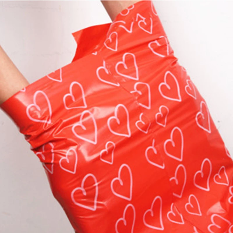 100 шт./лот полиэтиленовые пакеты с принтом в форме красного сердца пластиковые