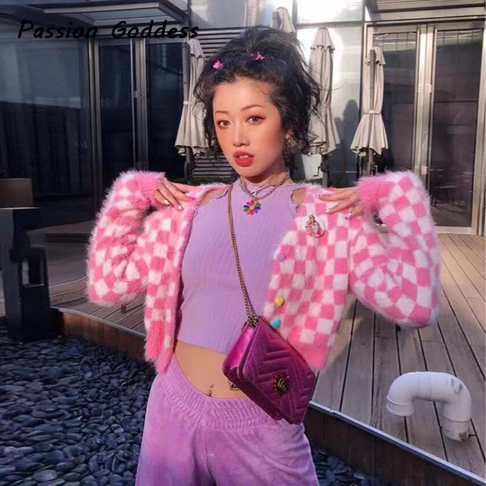Милый розовый шахматный кардиган пушистый свитер наряды милые женские пушистые