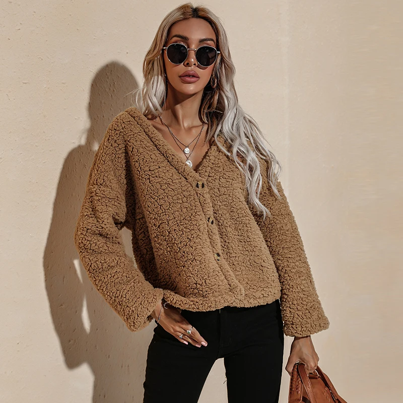 

2021 Autumn And Winter Women V-neck Long Sleeve Loose Warm Jacket Women's Top Fashion Plush Jacket Fashion Temperament
