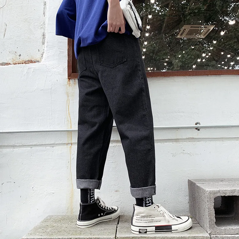 

2019 Hip Hop Men Black Autumn Streetwear Denim Pant Male Brand Blue Fashion Ripped Cuffs Loose Straight Pants