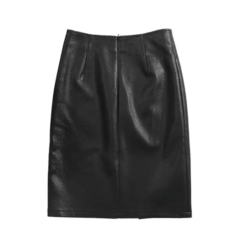 

Black PU Leather Skirt Women 2021 New Spring Winter Midi Sexy High Waist Split Knee Length Office Pencil Skirt Female J504