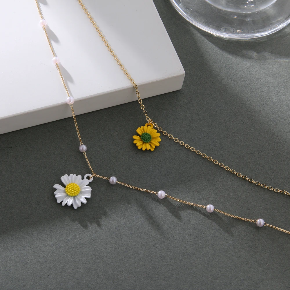 UMKA Sunflower Decoration Pearl Chain For Women 2021 Double-Layer Alloy Resin Long Choker Clavicle Necklace | Украшения и