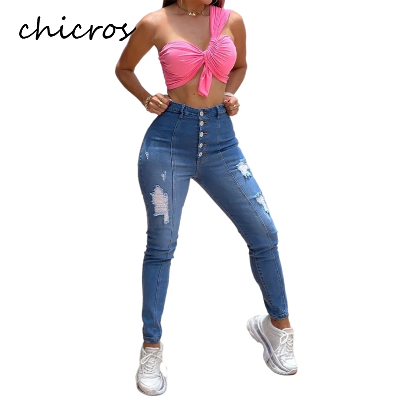 

Женские Эластичные рваные джинсы Chicros, облегающие брюки, универсальные брюки, леггинсы, новый стиль