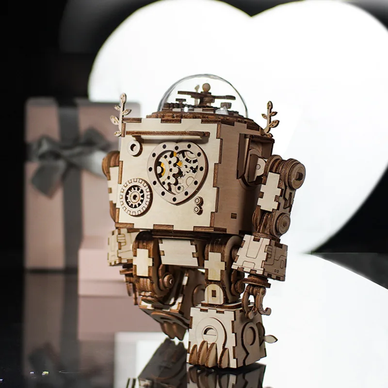 Diy Music Box Three-Dimensional Puzzle Wooden Toy Creative Space Series Model Robot Music Box Gift Double Color Optional