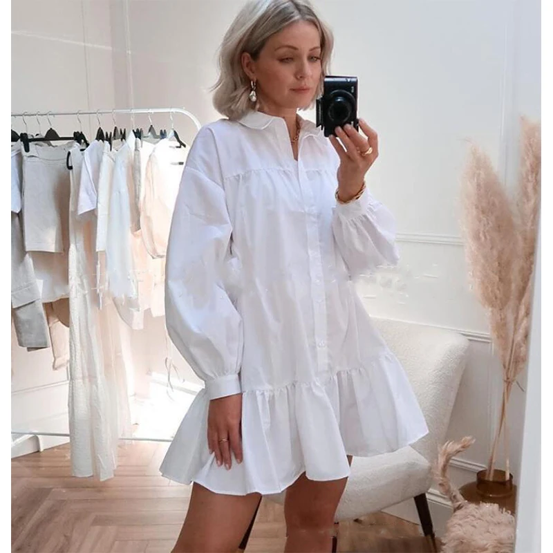 Женское платье рубашка с оборками и рукавами фонариками Осеннее белое