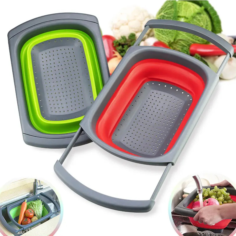 

Foldable Drain Basket Colander Large Fruit Vegetable Washing Basket Strainer Silicone Colander Collapsible Drainer Kitchen Tool