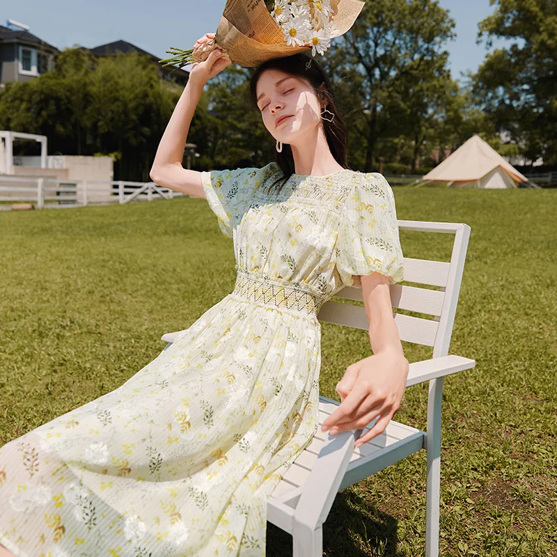 

Женское платье с цветочным принтом SHZQ, маленькая юбка с высокой талией, приталенная яркая шифоновая юбка с рукавами-фонариками на лето 2021