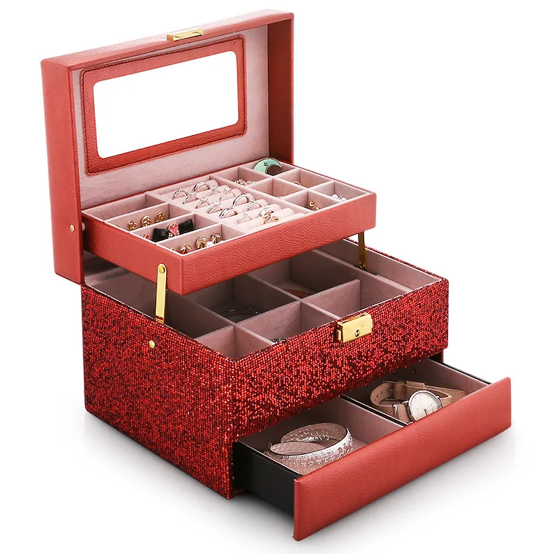 

European-Style Simple Leather Multi-Layer Flannel Large-Capacity Jewelry Storage Box Jewelry Rack Cosmetic Case Gift Box 2021