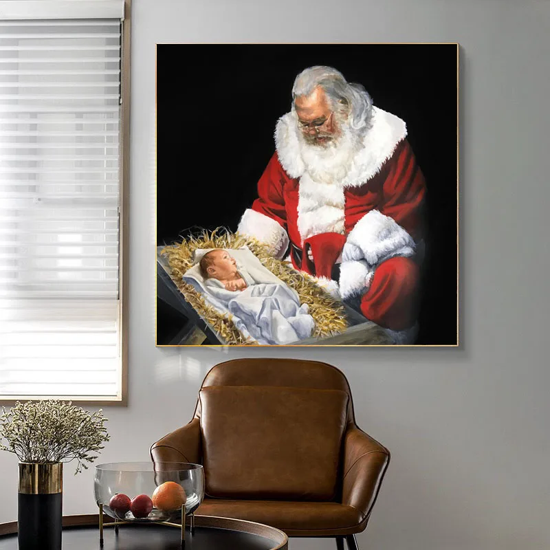 

Santa Claus and Child Wall Art Christmas Baby Poster and Prints Canvas Painting Picture for Living Room Bedroom Home Decoration