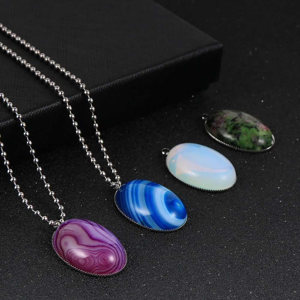 Женское и мужское ожерелье с подвеской из натурального камня овальной формы