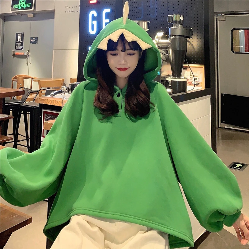 

Women's Kawaii Hoodies Korean Style Oversize Pretty Animal Dinosaur Puff Sleeve Green Hoodie Pullover 2020 Winter Sweatshirt