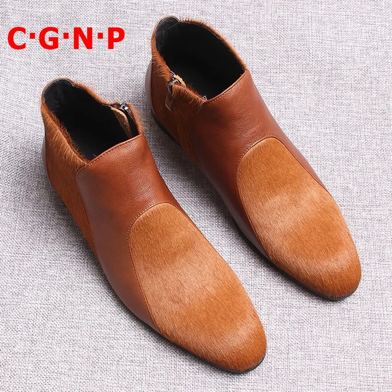 

C·G·N·P Genuine Leather Horsehair Winter High-top Men Shoes British Style Ankle Boots Male Pointed Toe Chelsea Boots