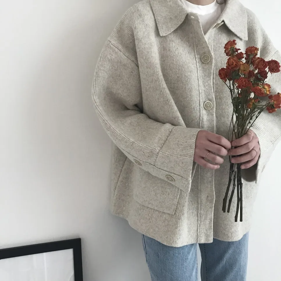 Корейский вязаный кардиган, свитер, женский зимний джемпер, Пальто Harajuku, элегантный повседневный Свободный кардиган с длинным рукавом, однобортное пальто