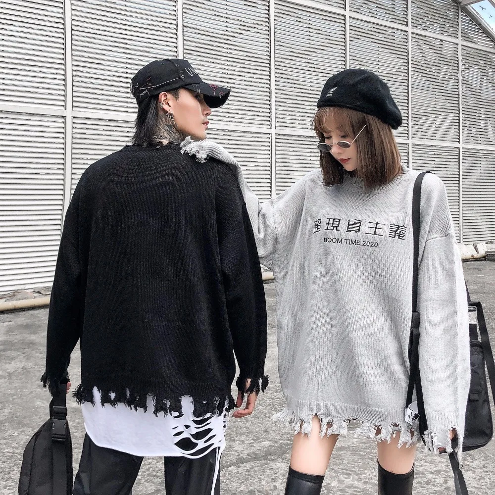 BOOM TIME 2020 Embroidery Crewneck Knitwear Sweaters Fashion Tattered Pullover Knit Sweater Men Harajuku Tops Hip Hop Streetwear | Мужская