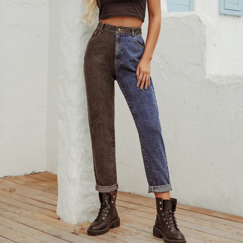 

Black and Blue Two Tone High Waist Denim Jeans for Women 2020 Zipper Fly Casual Ladies Straight Jeans